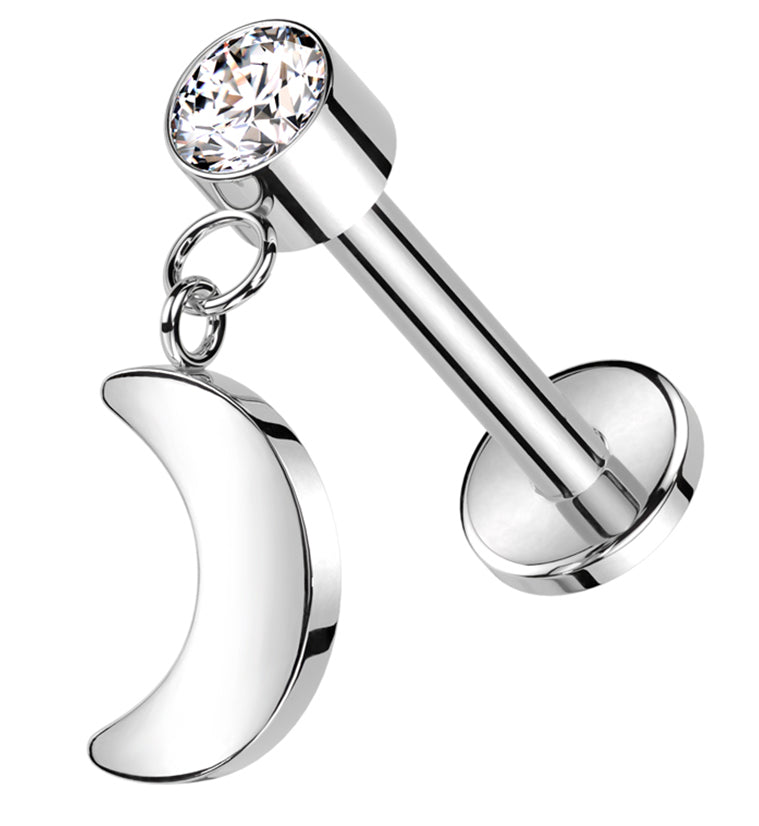 Half Moon Dangle Clear CZ Titanium Threadless Labret | UrbanBodyJewelry.com