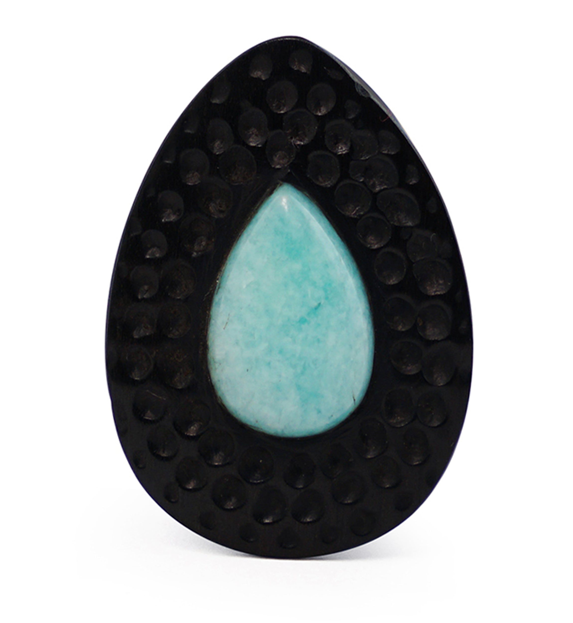 Hammered Areng Wood Teardrop Plugs with Teardrop Amazonite Stone Inlay