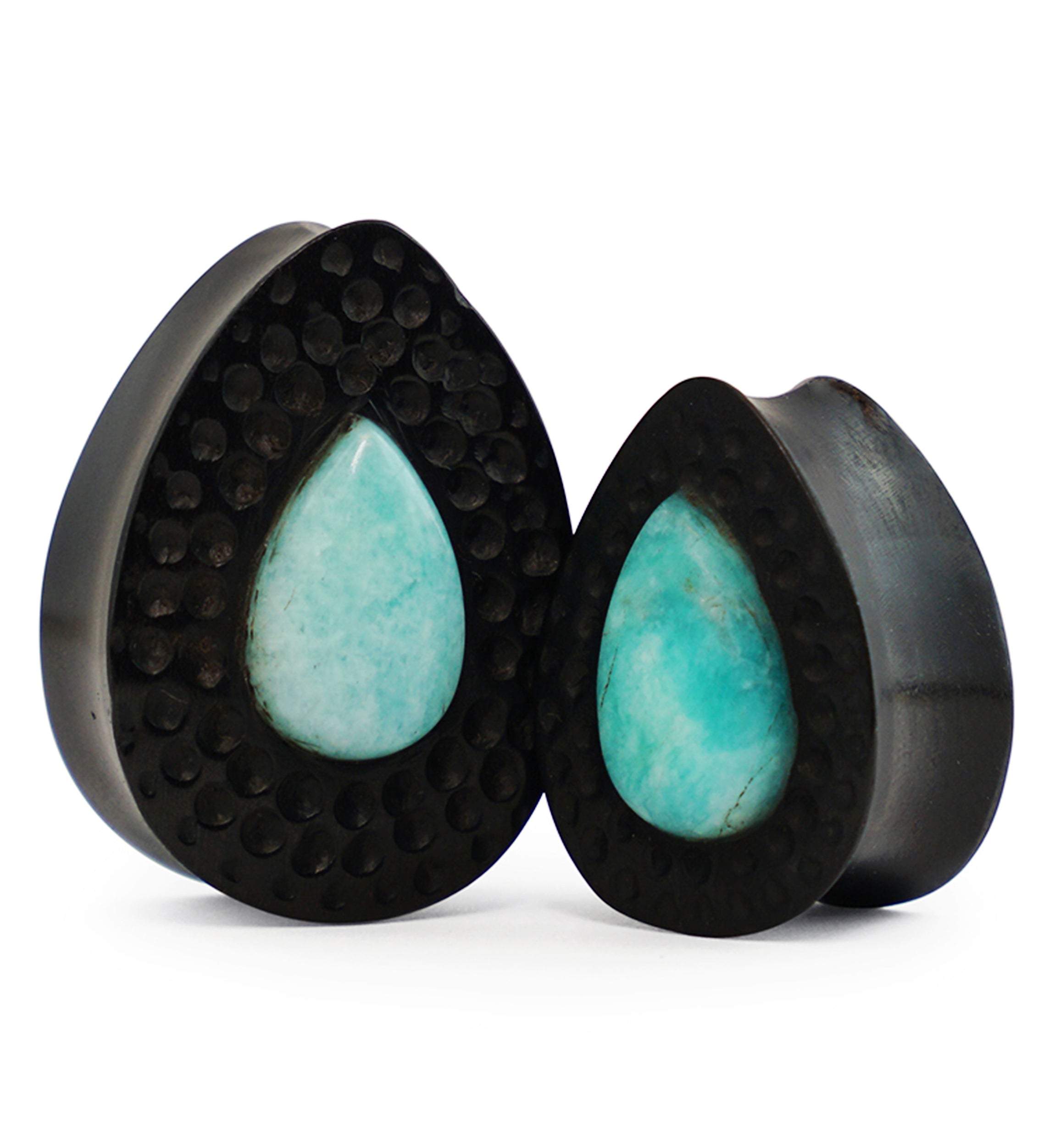 Hammered Areng Wood Teardrop Plugs with Teardrop Amazonite Stone Inlay