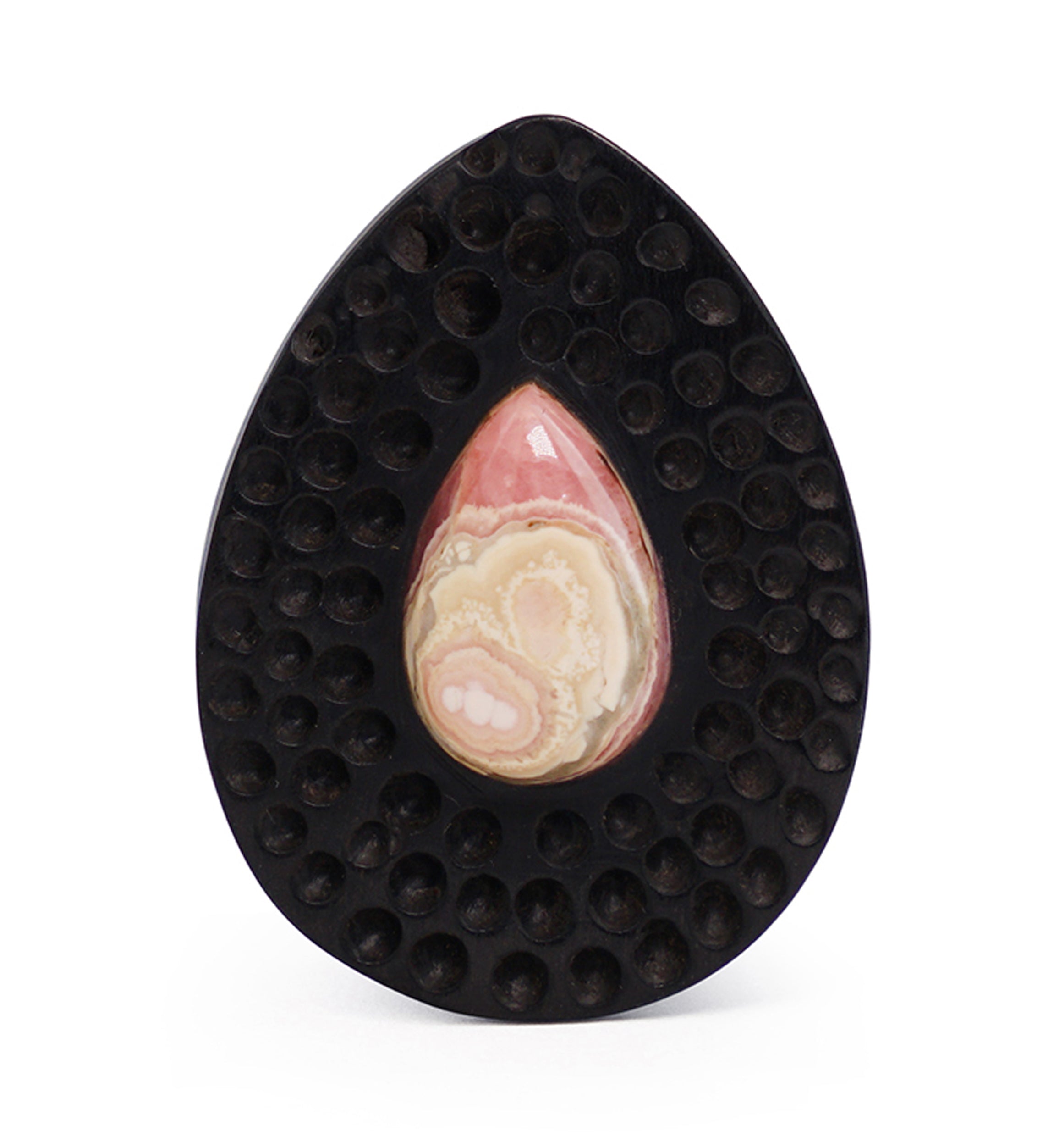 Hammered Areng Wood Teardrop Plugs with Teardrop Rhodochrosite Stone Inlay