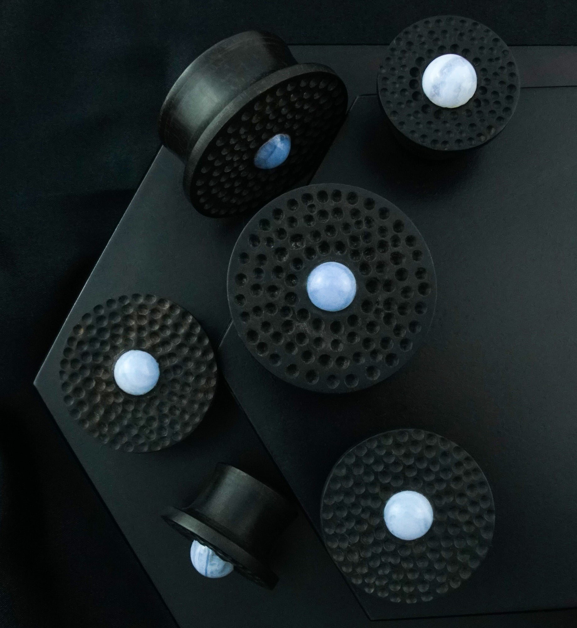 Hammered Blue Lace Agate Stone Areng Wood Mayan Flare Plugs