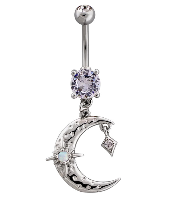 Hammered Crescent Moon White Opalite Star Dangle Stainless Steel Belly Button Ring