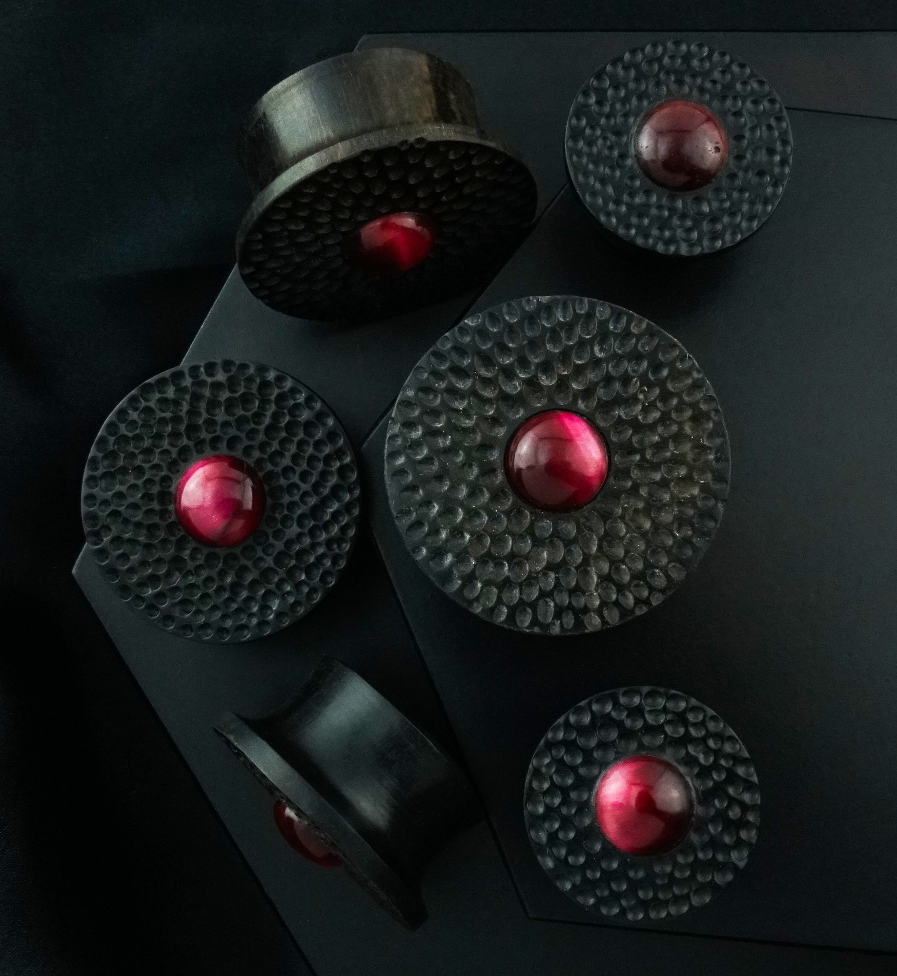 Hammered Red Tiger Eye Stone Areng Wood Mayan Flare Plugs