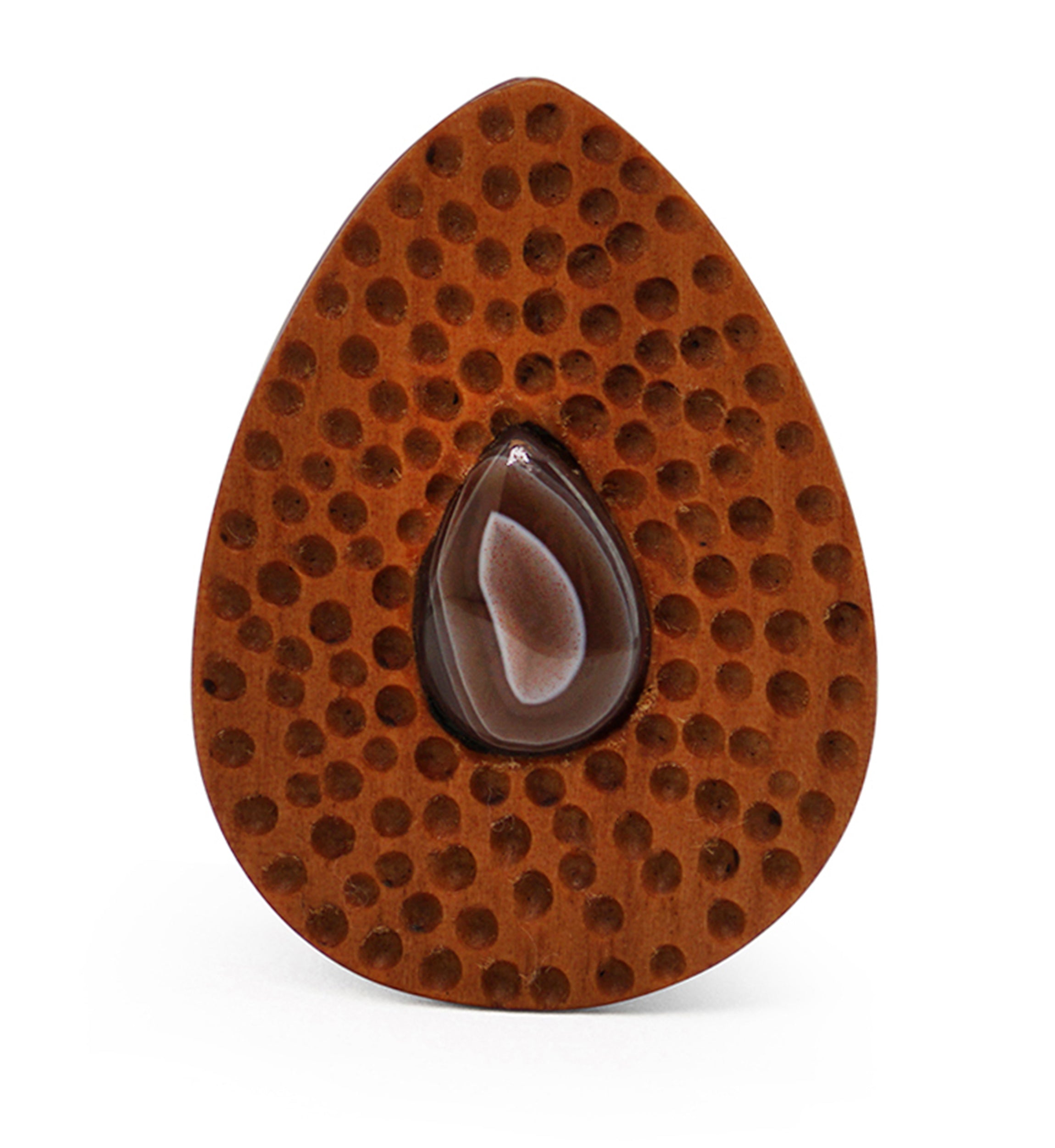 Hammered Saba Wood Teardrop Plugs with Teardrop Agate Stone Inlay