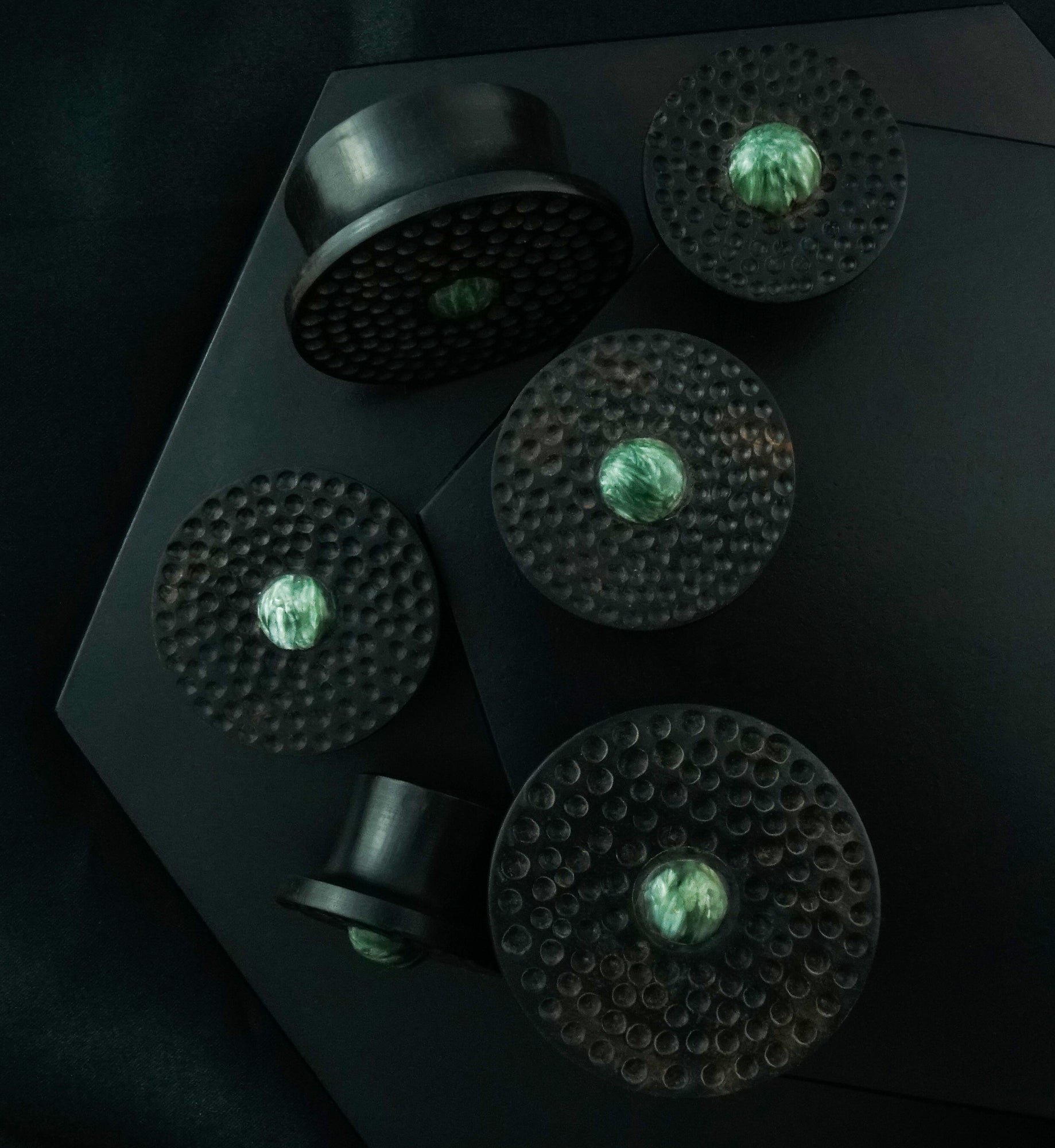 Hammered Seraphinite Stone Areng Wood Mayan Flare Plugs