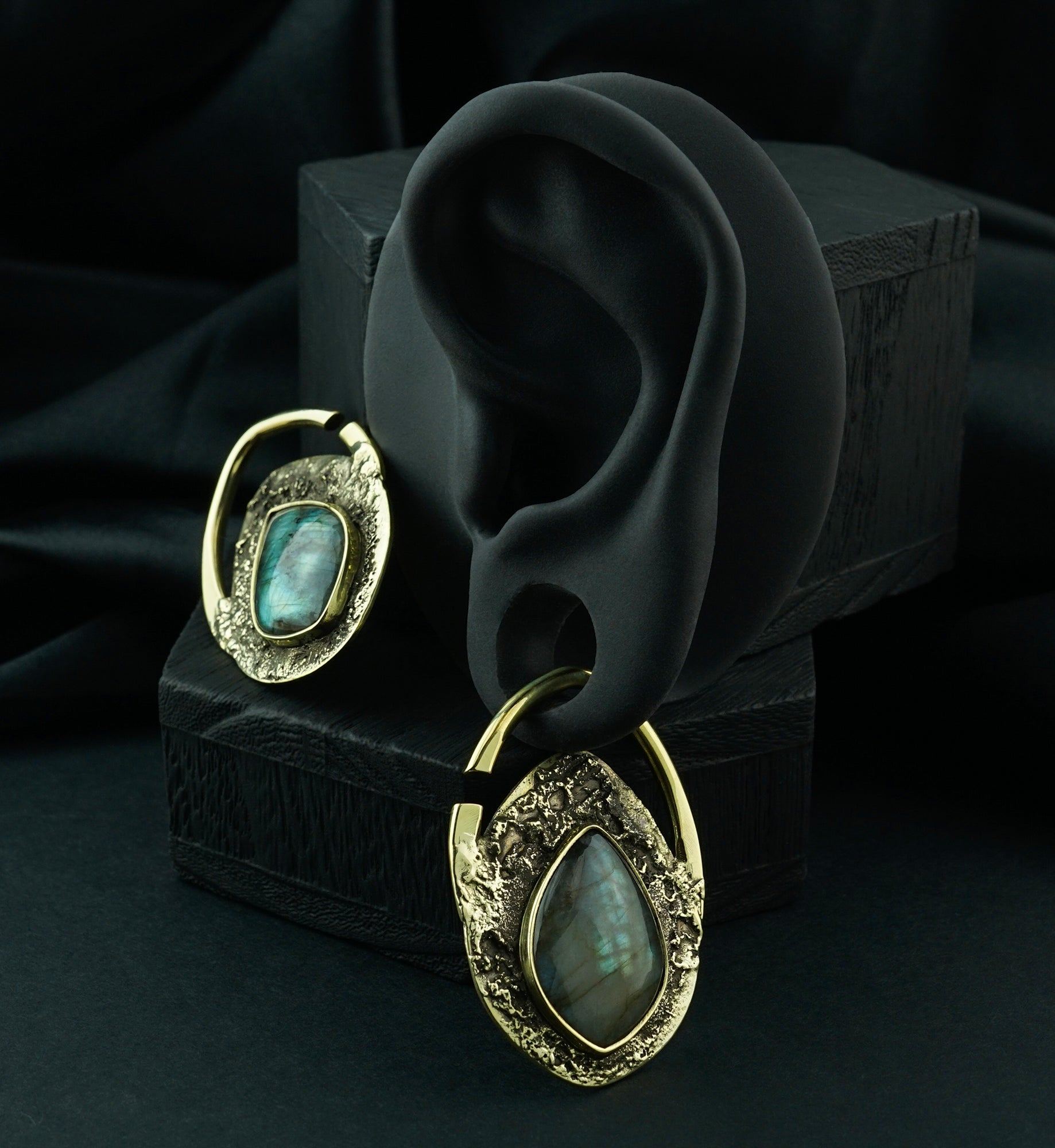 Hammered Teardrop Labradorite Stone Inlay Brass Ear Hangers