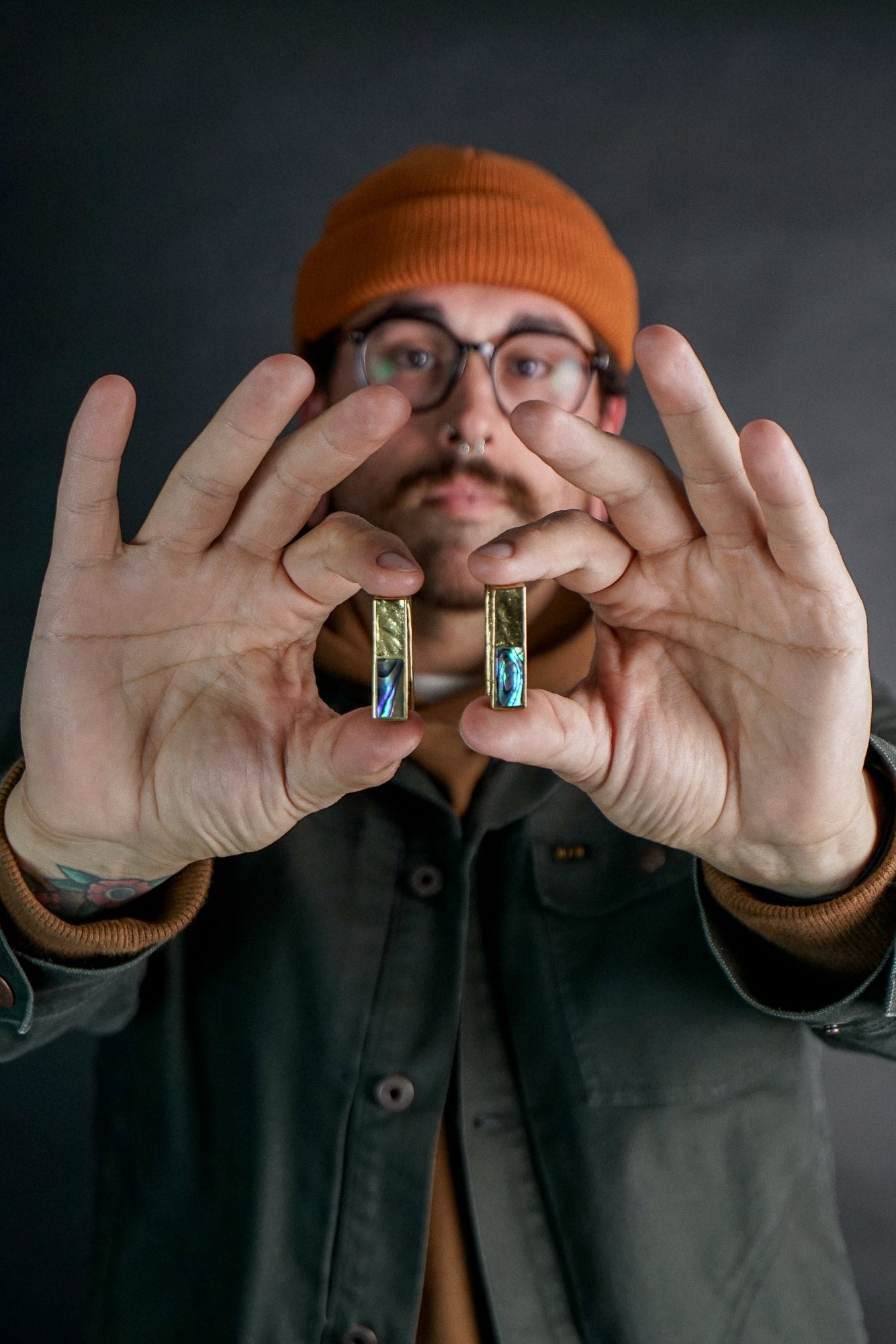 Hammered Tower Half Abalone Brass Ear Weights