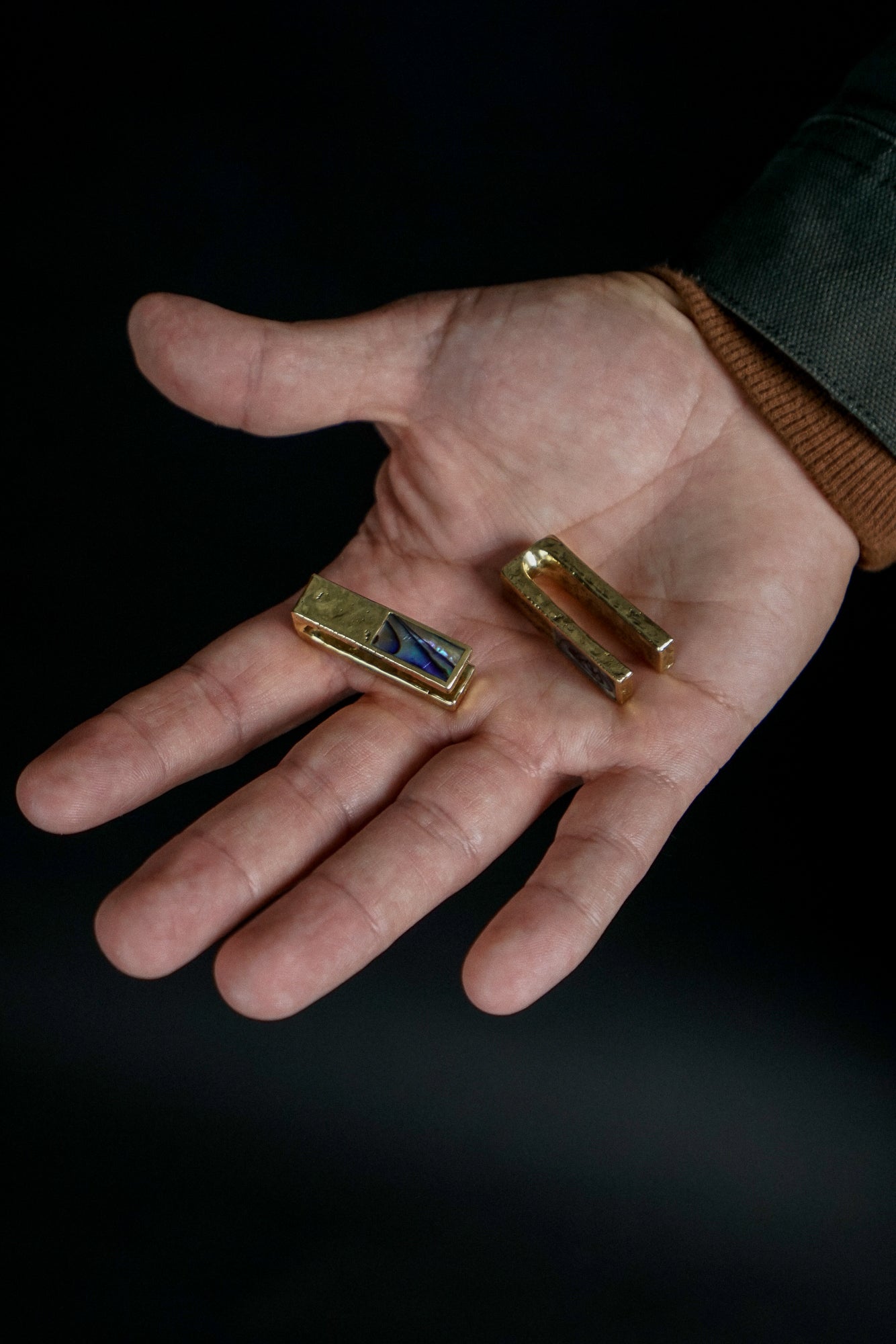 Hammered Tower Half Abalone Brass Ear Weights