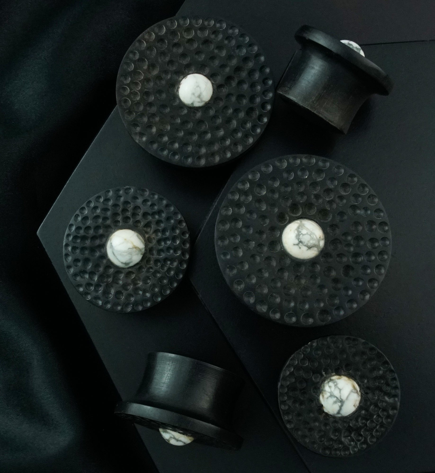 Hammered White Howlite Stone Areng Wood Mayan Flare Plugs