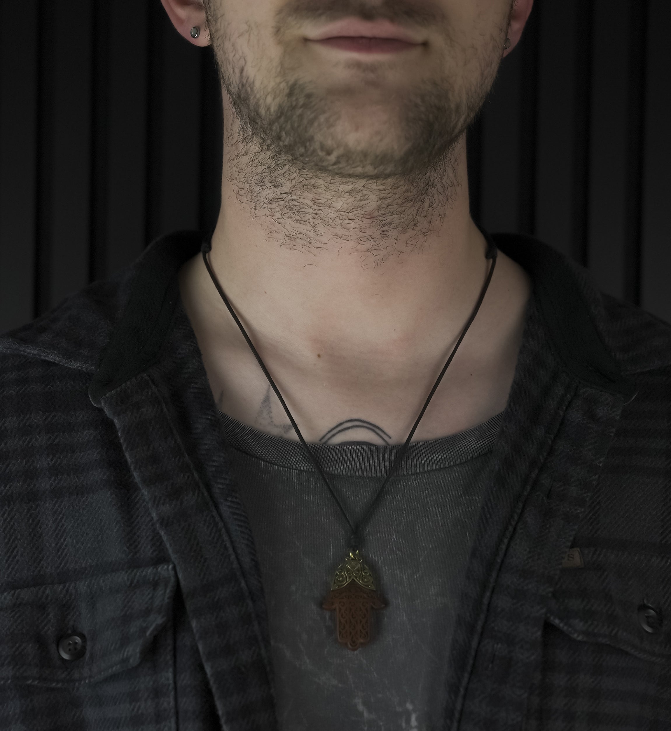 Hamsa Hand Brass And Sawo Wood Pendant Necklace