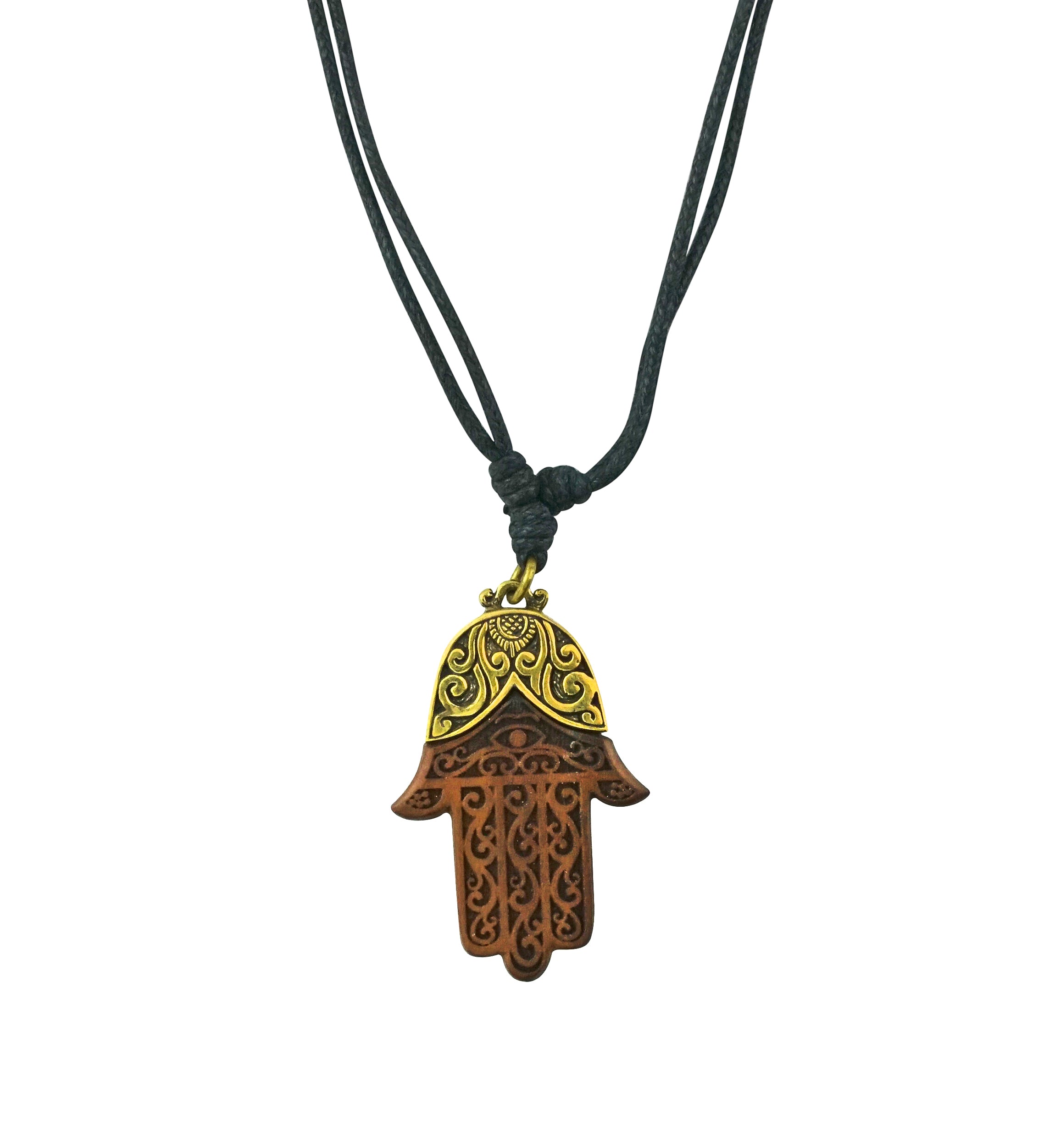 Hamsa Hand Brass And Sawo Wood Pendant Necklace