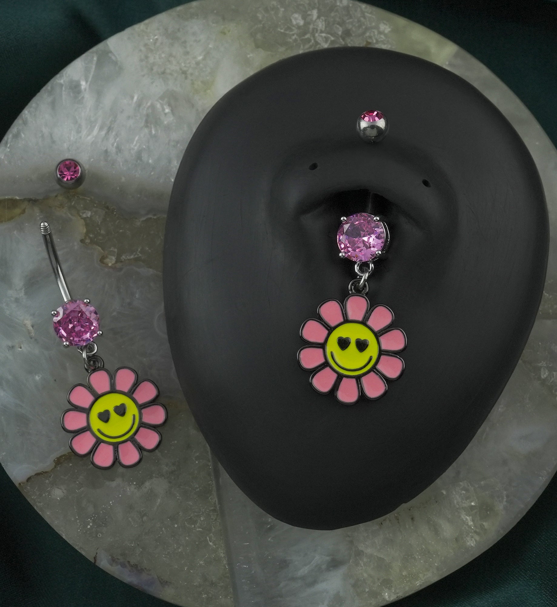 Happy Face Flower Pink CZ Stainless Steel Belly Button Ring