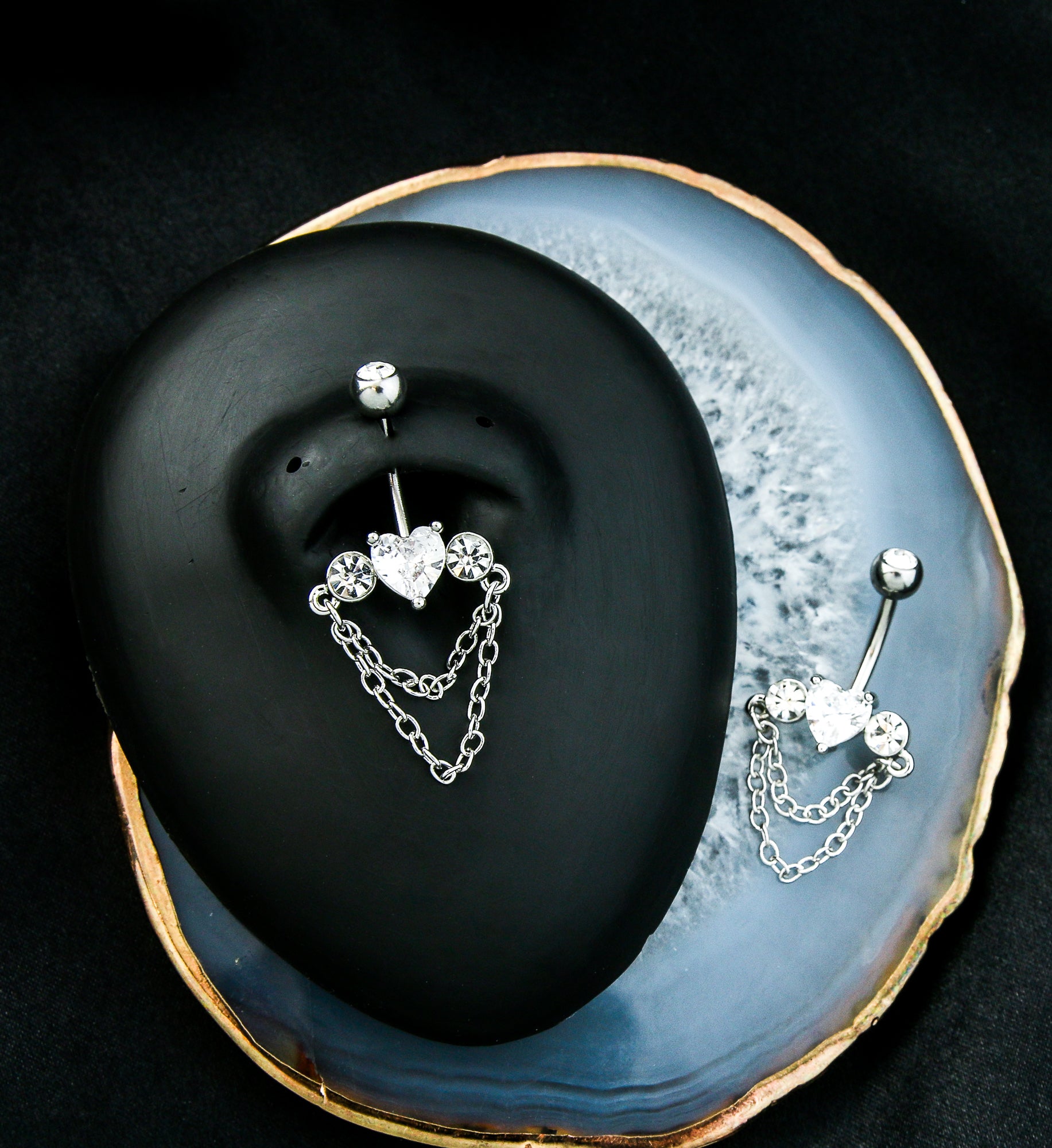 Heart Center Clear CZ Double Dangle Chain Stainless Steel Belly Button Ring