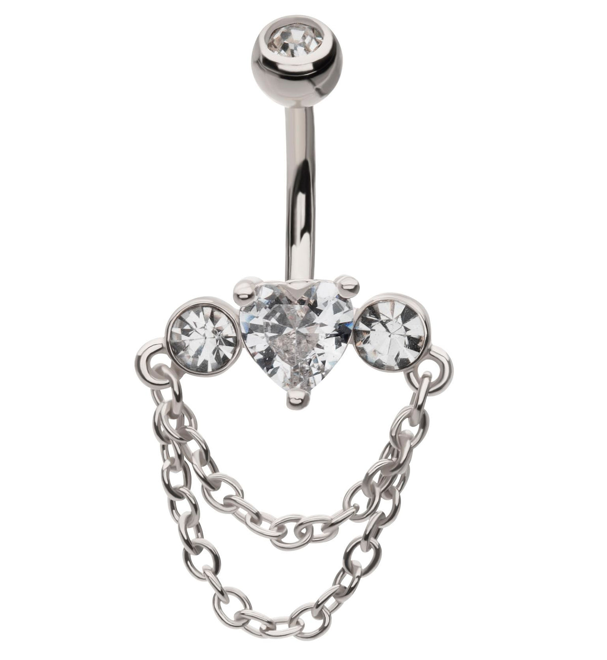 Heart Center Clear CZ Double Dangle Chain Stainless Steel Belly Button