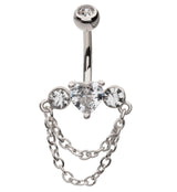 Heart Center Clear CZ Double Dangle Chain Stainless Steel Belly Button Ring