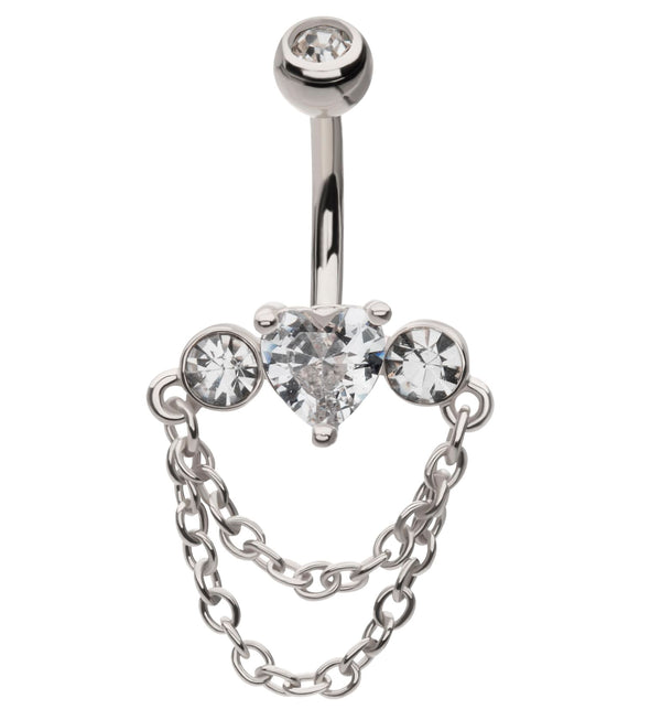Heart Center Clear CZ Double Dangle Chain Stainless Steel Belly Button Ring