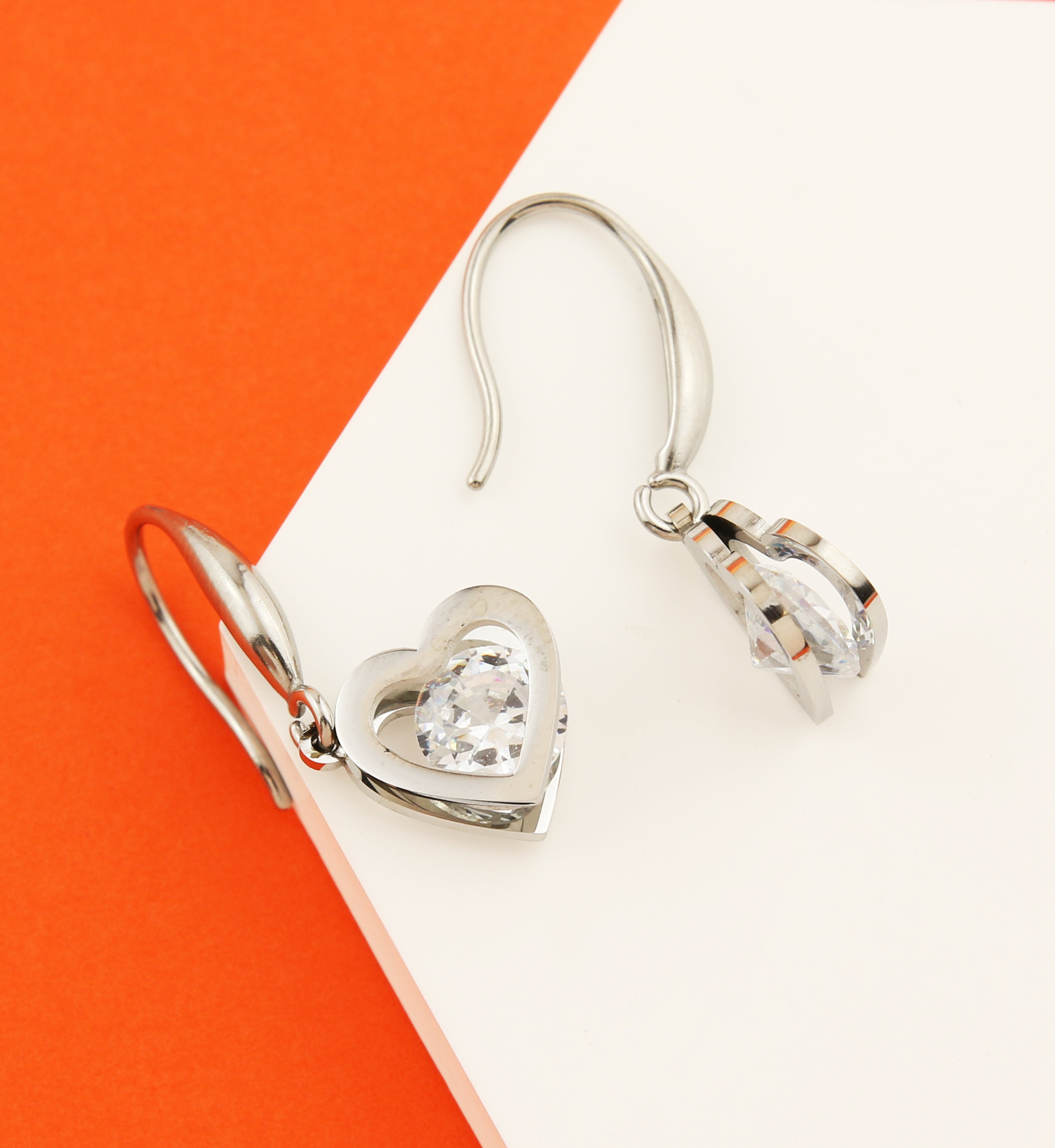 Heart Clear CZ Dangle Stainless Steel Earrings