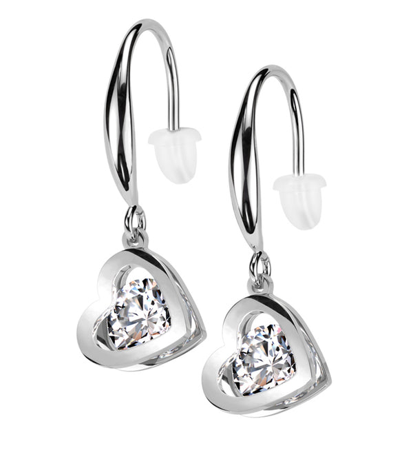 Heart Clear CZ Dangle Stainless Steel Earrings