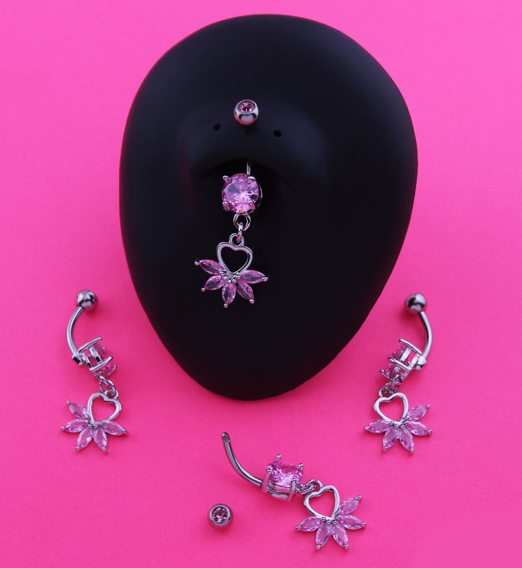 Heart Flower Dangle Pink CZ Stainless Steel Belly Button Ring