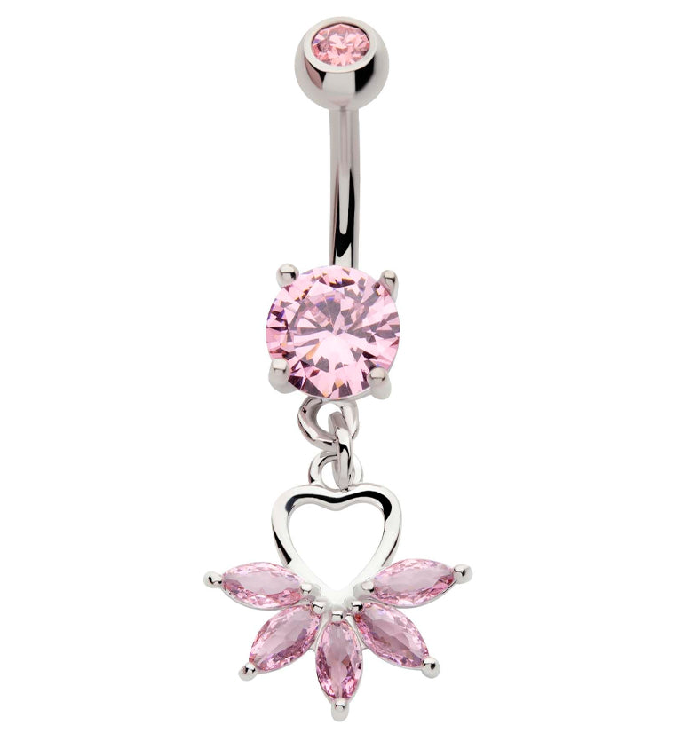 Heart Flower Dangle Pink CZ Stainless Steel Belly Button Ring