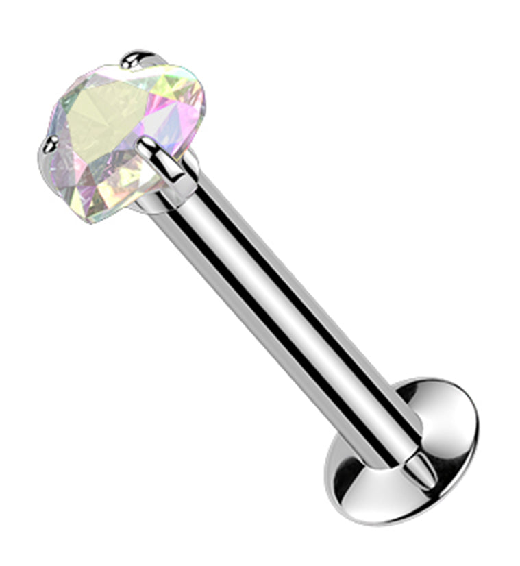 Heart Prong Rainbow Aurora CZ Stainless Steel Threadless Convex Disk Labret