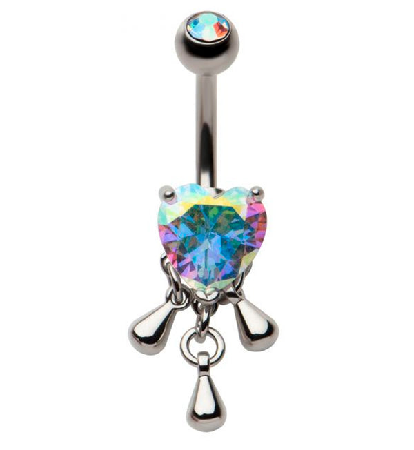 Heart Rainbow Aurora CZ Dangle Drops Stainless Steel Belly Button Ring