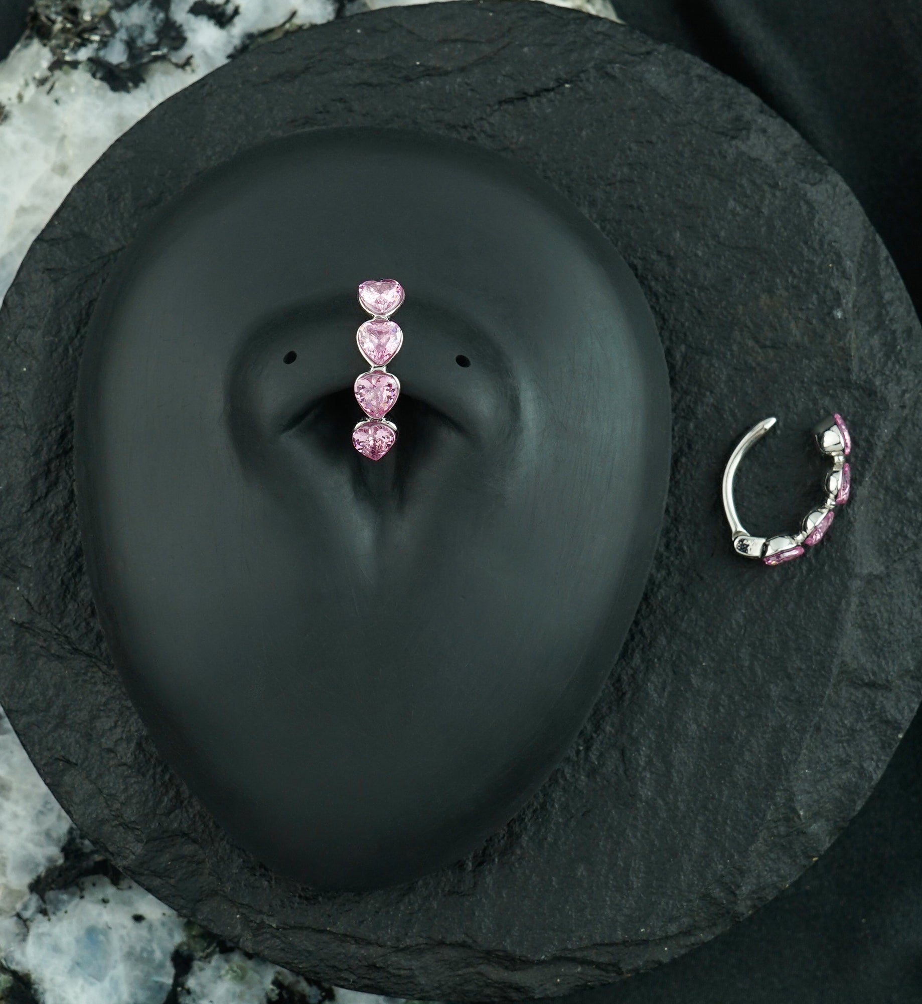 Heart Row Pink CZ Stainless Steel Hinged Belly Button Ring