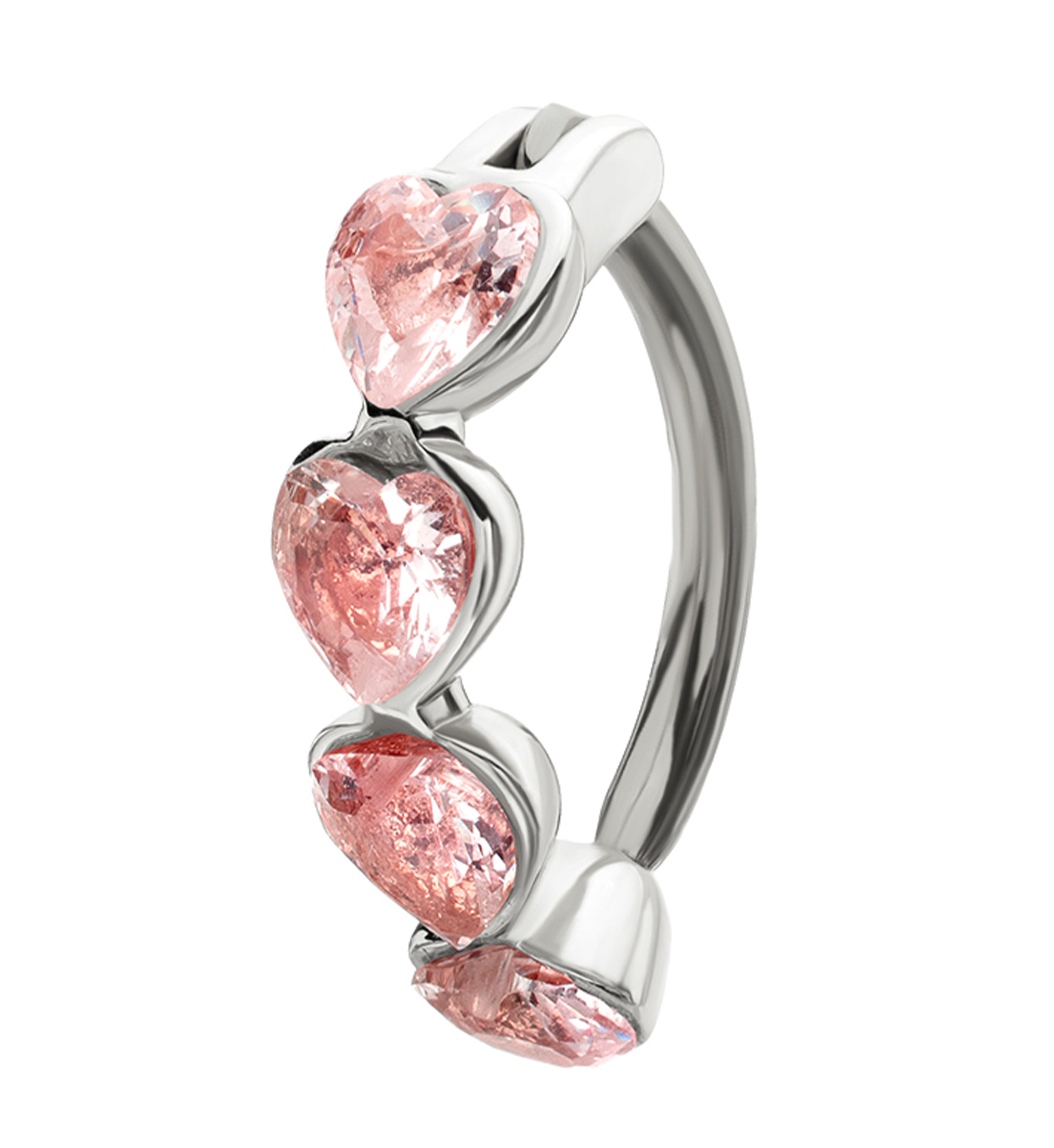 Heart Row Pink CZ Stainless Steel Hinged Belly Button Ring