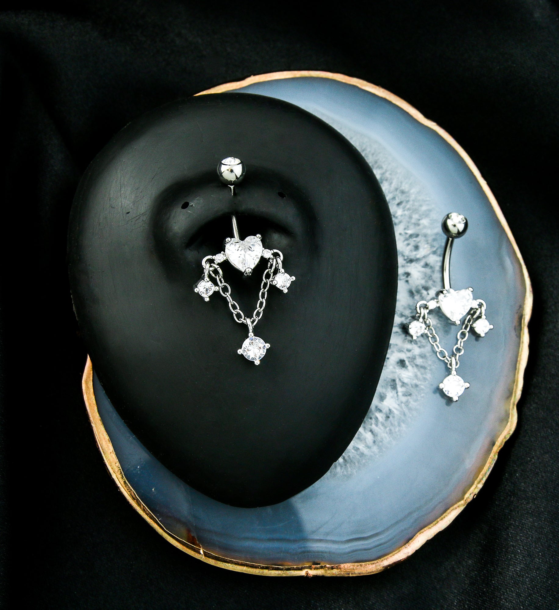 Heart Triple Clear CZ Dangle Chain Stainless Steel Belly Button Ring