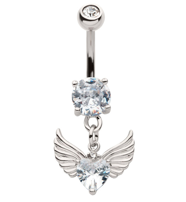 Heart Wings Clear CZ Dangle Stainless Steel Belly Button Ring