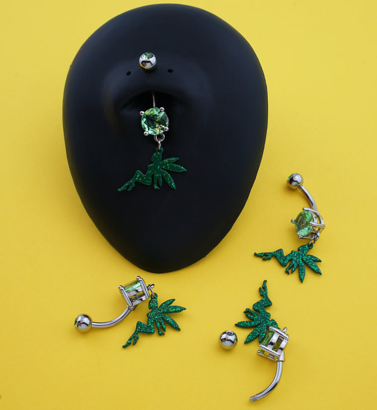 Hemp Leaf Fairy Green CZ Stainless Steel Belly Button Ring
