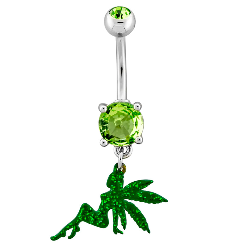 Hemp Leaf Fairy Green CZ Stainless Steel Belly Button Ring
