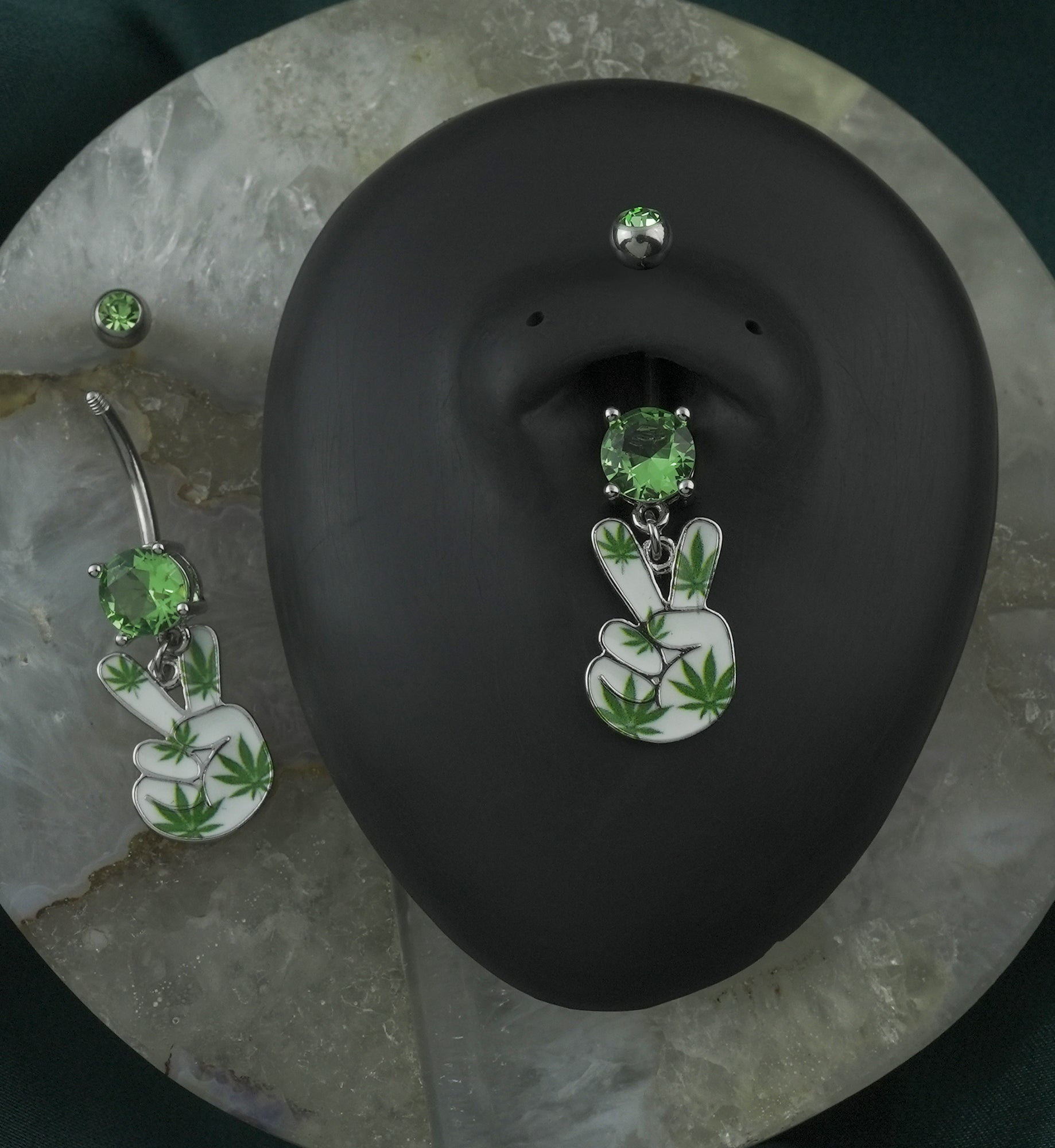 Hemp Peace Sign Green CZ Stainless Steel Belly Button Ring