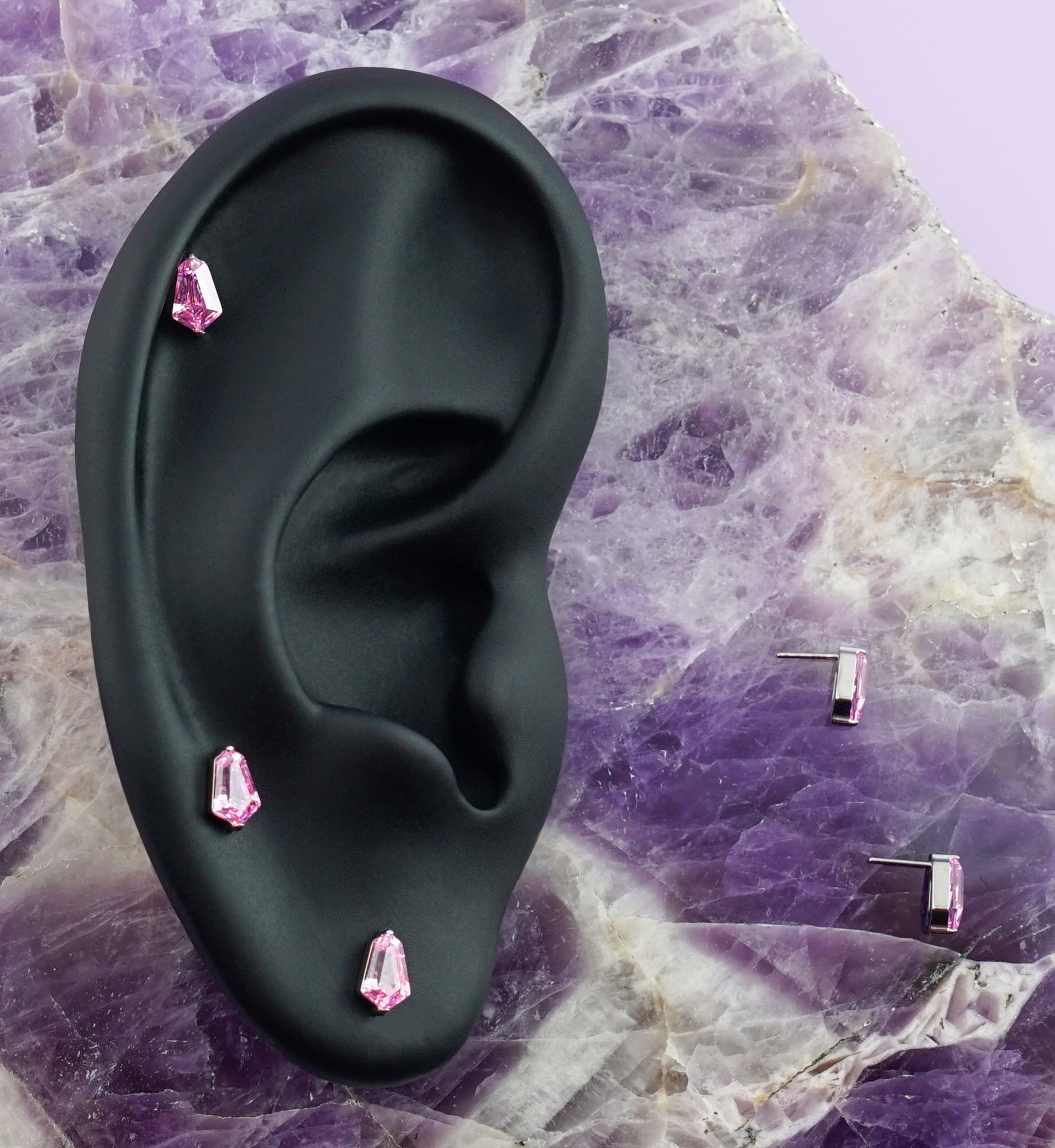 Hexagonal Pink CZ Titanium Threadless Top