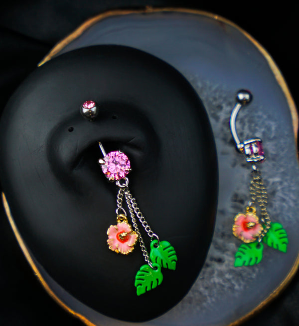 Hibiscus Flower Pink CZ Dangle Stainless Steel Belly Button Ring