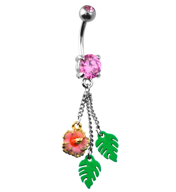 Hibiscus Flower Pink CZ Dangle Stainless Steel Belly Button Ring