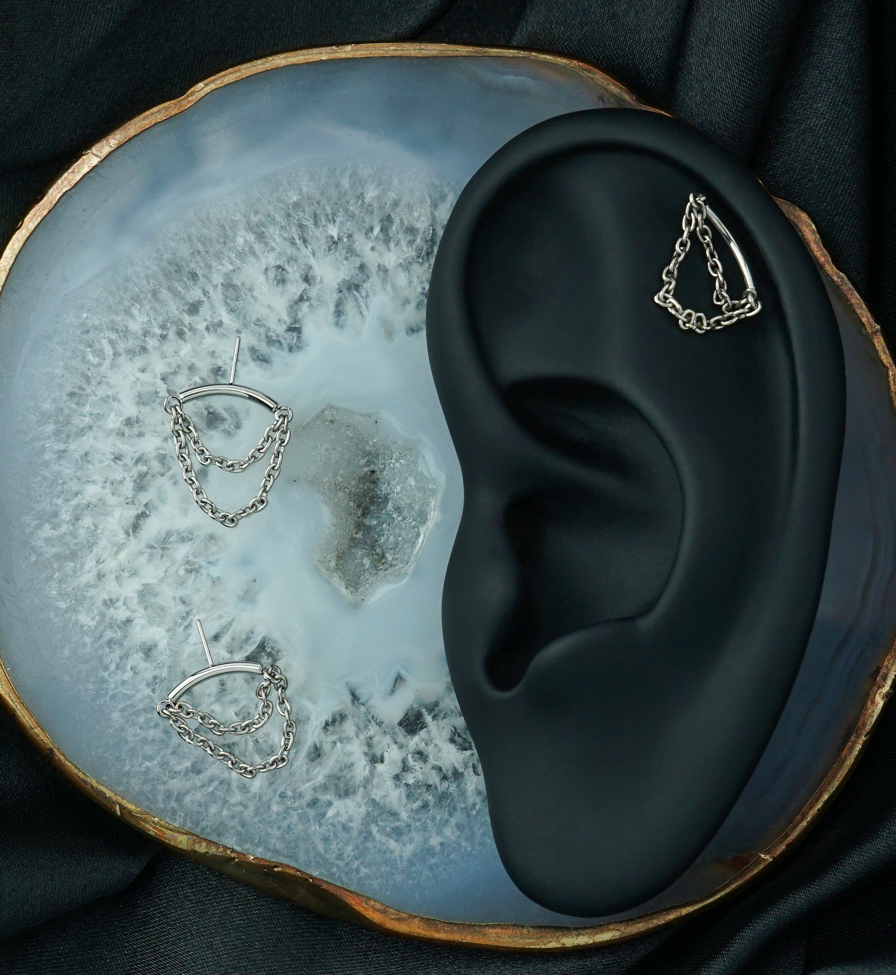 Hidden Curved Bar Double Dangle Chain Titanium Threadless Top