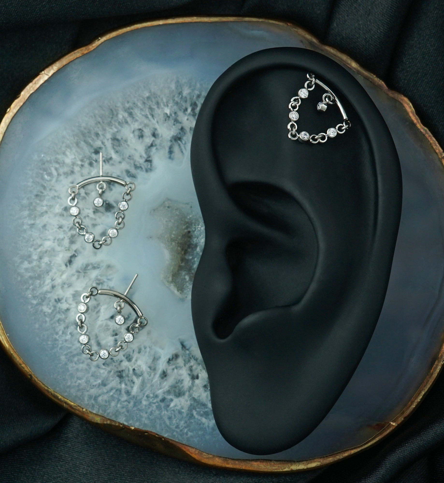 Hidden Curved Bar Floating CZ Dangle Chain Titanium Threadless Top