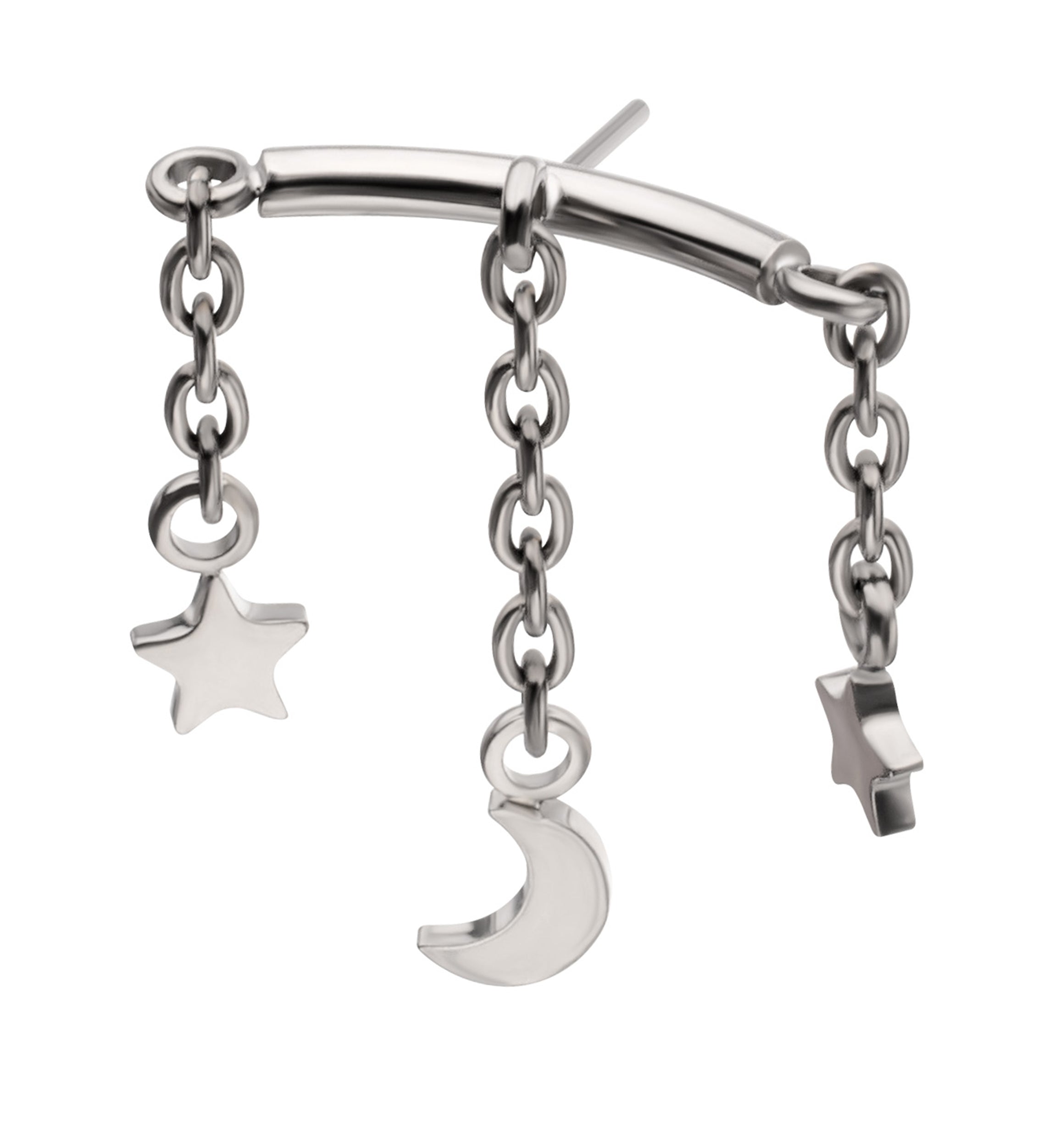 Hidden Curved Bar Moon and Stars Triple Dangle Titanium Threadless Top