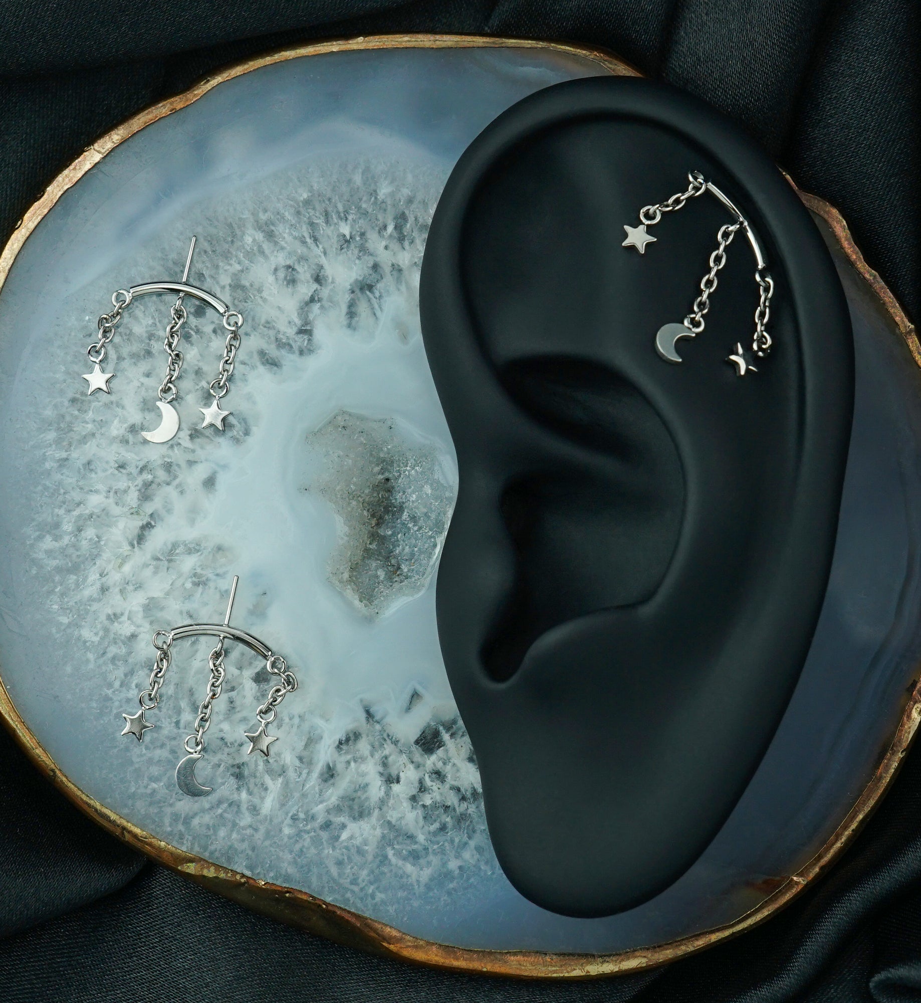 Hidden Curved Bar Moon and Stars Triple Dangle Titanium Threadless Top