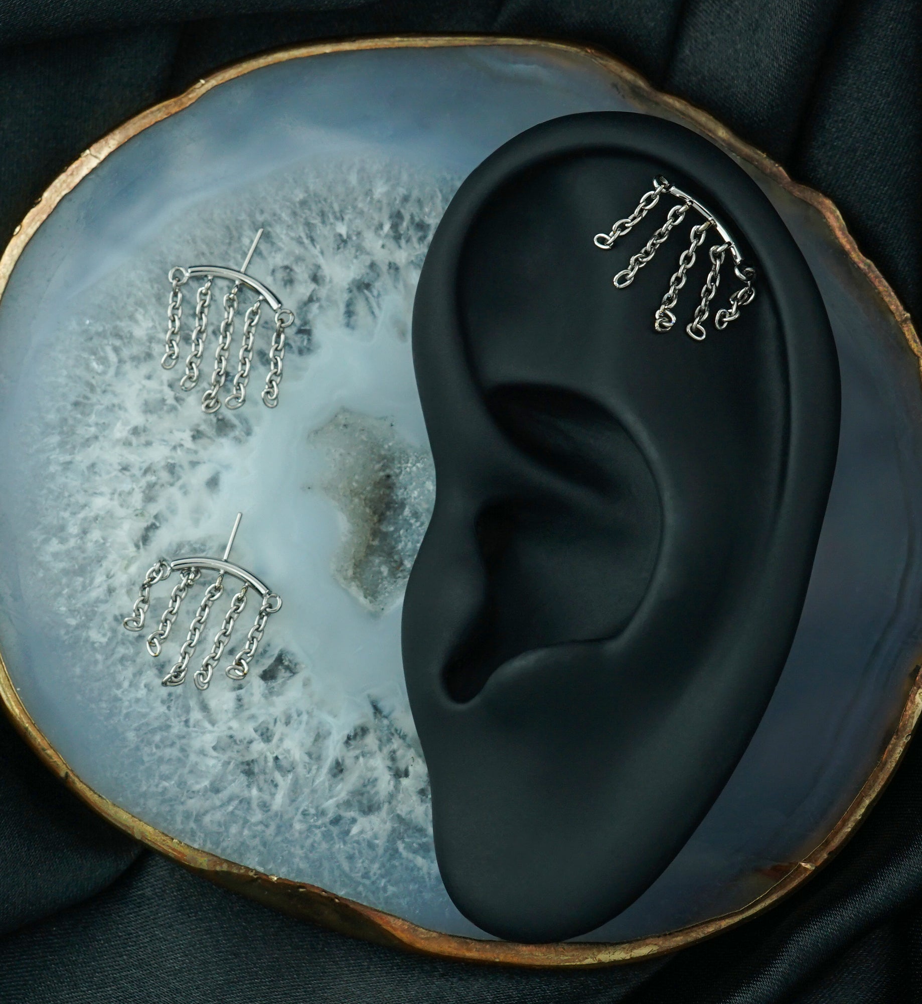 Hidden Curved Bar Multi Dangle Chain Titanium Threadless Top