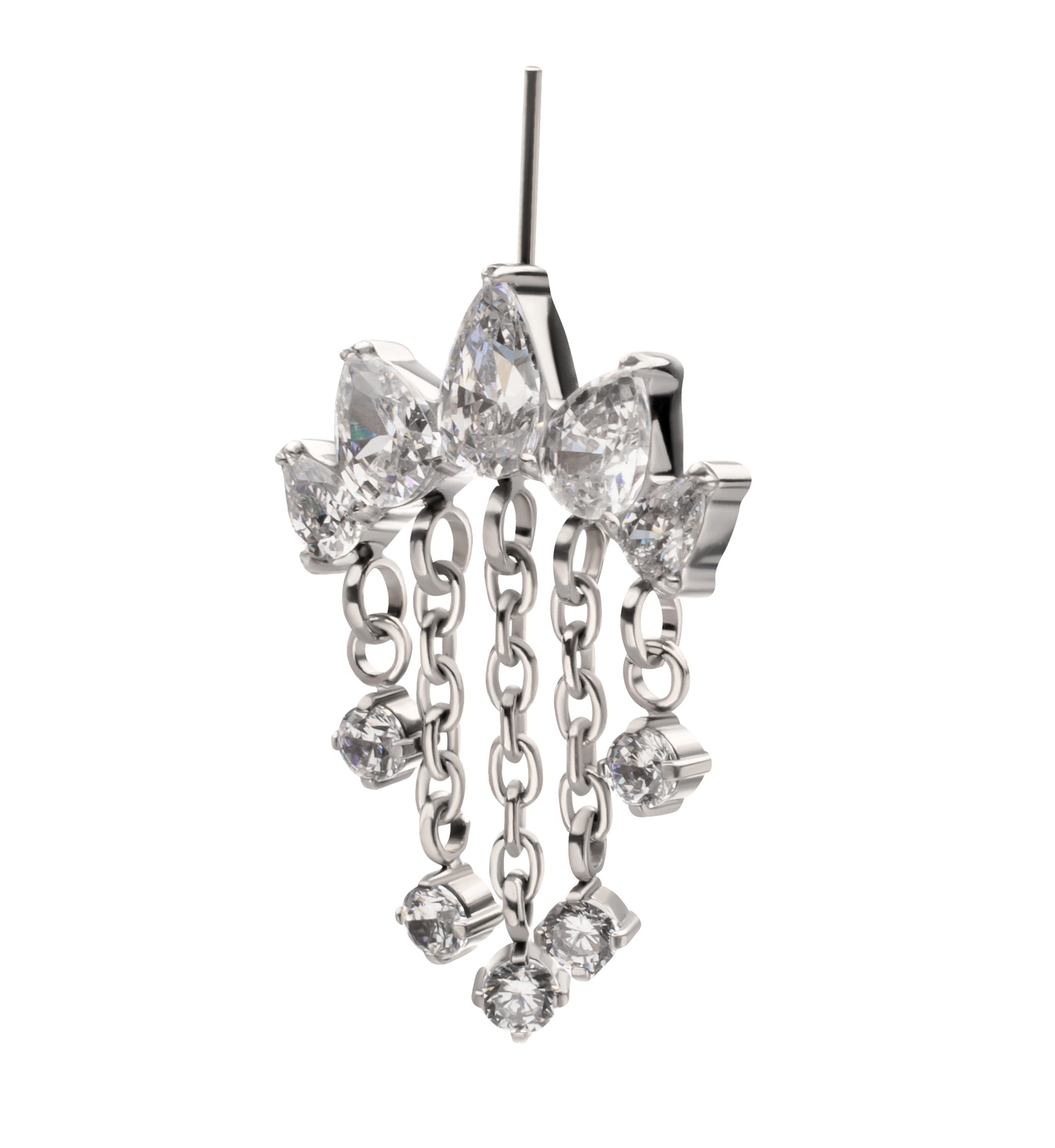 Hidden Curved Bar Teardrop Clear CZ Multi Dangle Titanium Threadless Top