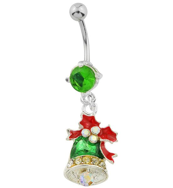 Holiday Bell Dangle Rainbow Aurora CZ Stainless Steel Belly Button Rin