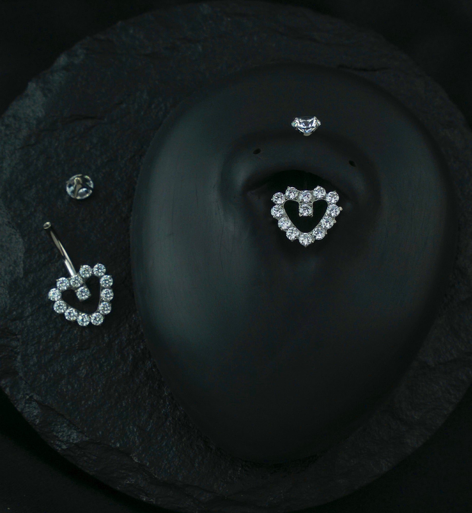 Hollow Heart Clear CZ Titanium Internally Threaded Belly Button Ring