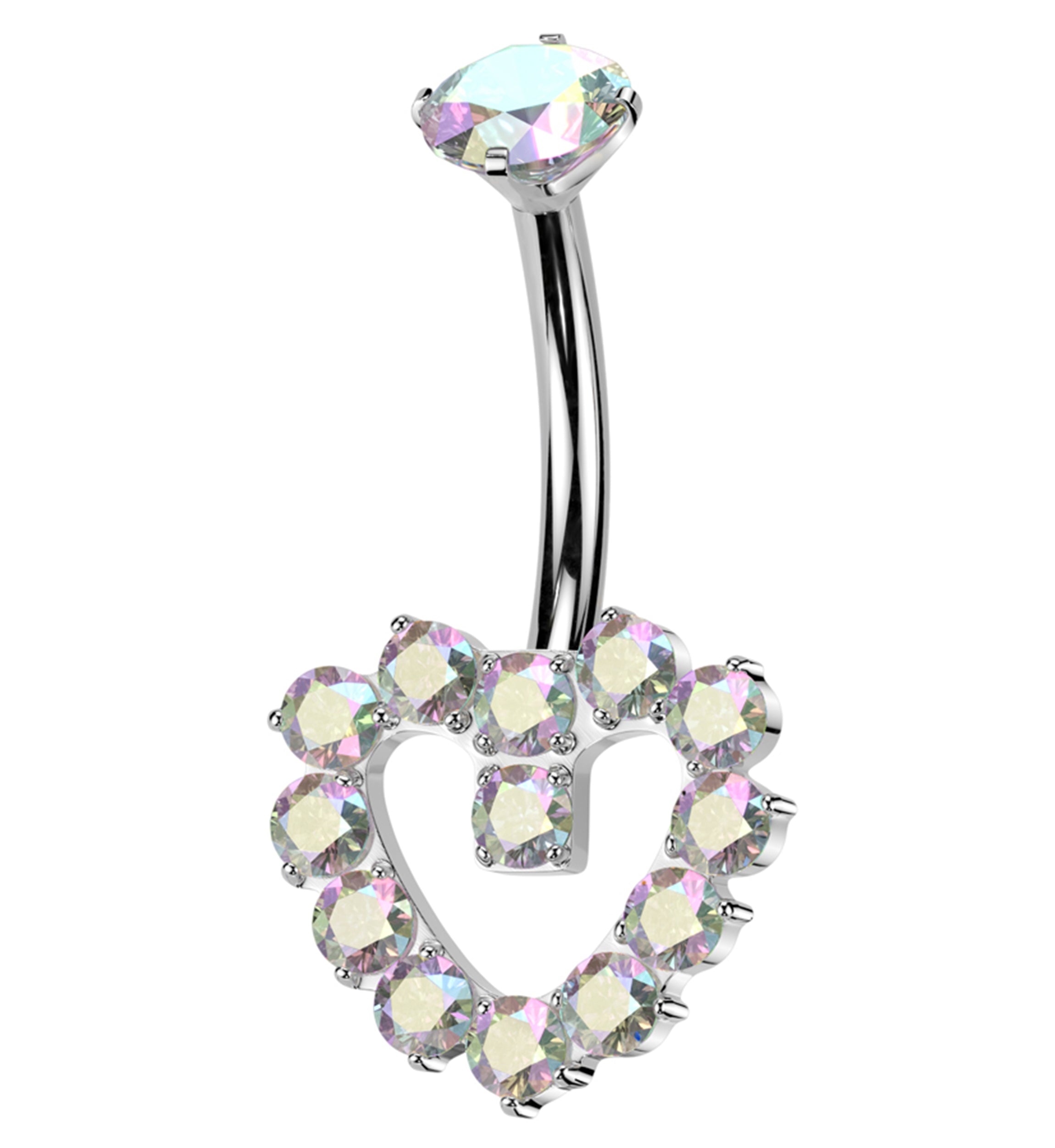 Hollow Heart Rainbow Aurora CZ Titanium Internally Threaded Belly Button Ring