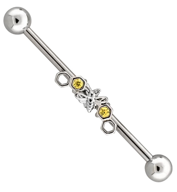 Honeycomb Bee Yellow CZ Stainless Steel Industrial Barbell