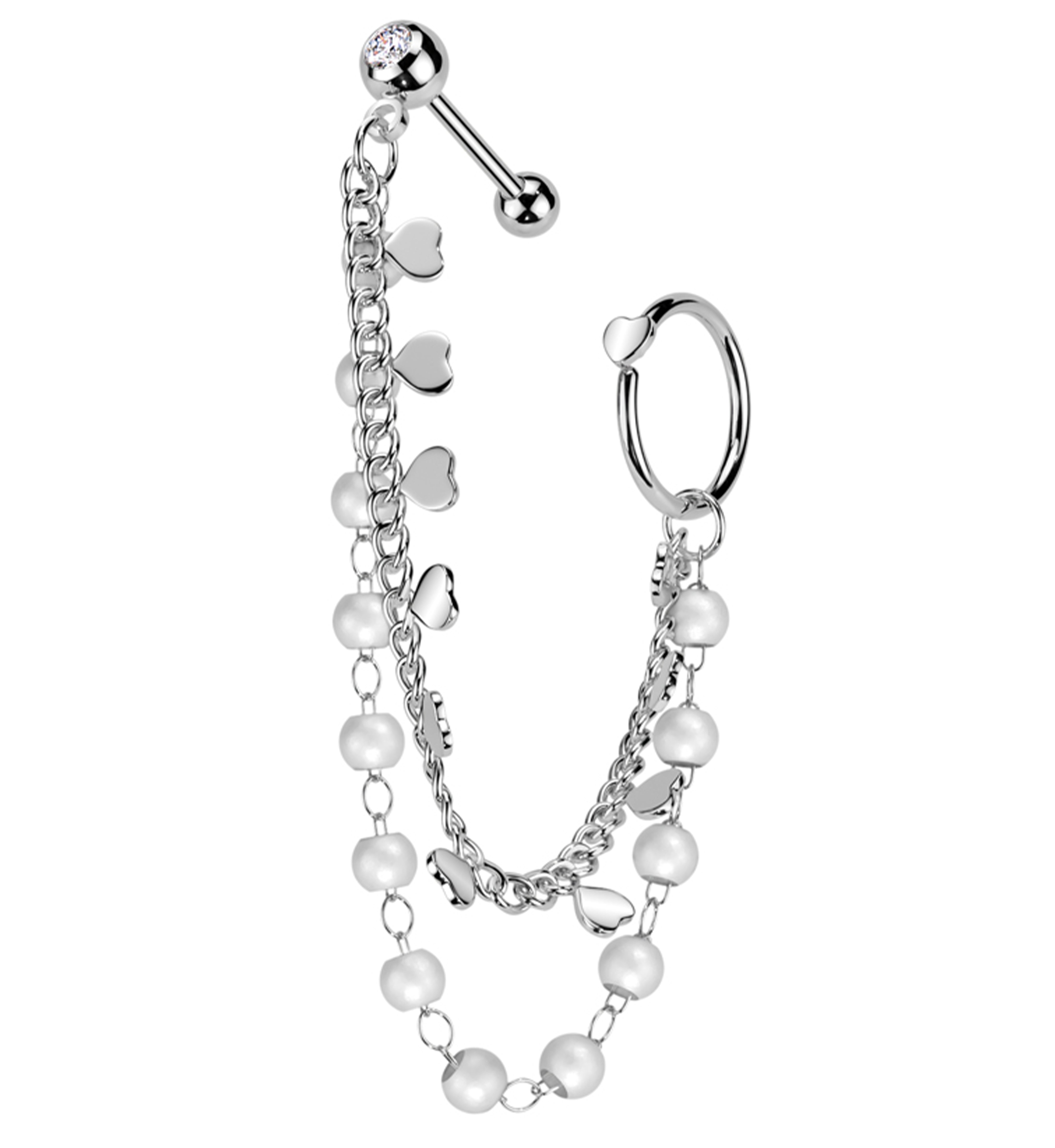 Hoop/Barbell Clear CZ Stainless Steel Pearl And Heart Dual Piercing Chain
