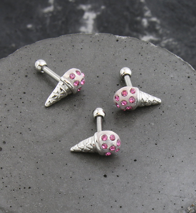 Ice Cream Cone Pink CZ Stainless Steel Cartilage Barbell