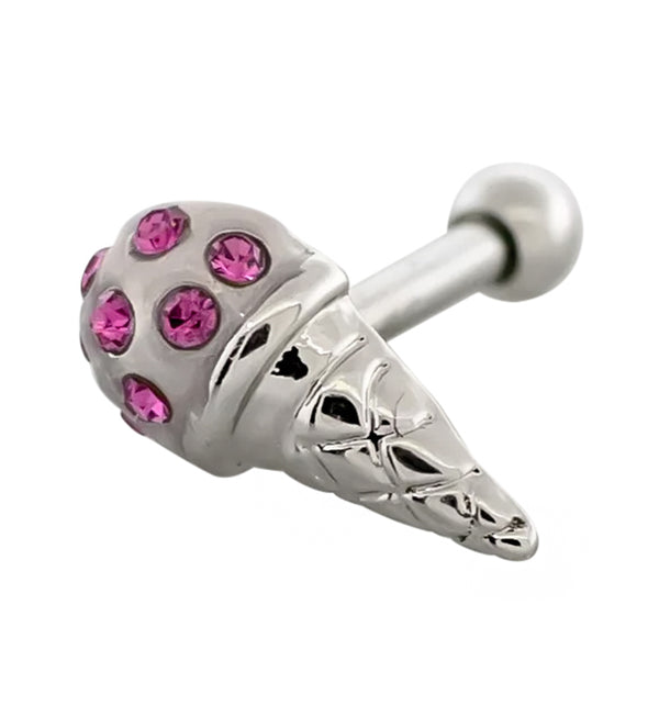 Ice Cream Cone Pink CZ Stainless Steel Cartilage Barbell