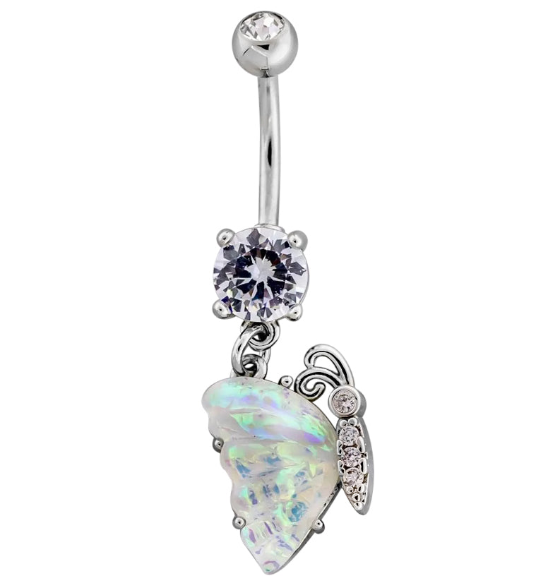 Iridescent Butterfly Wing Clear CZ Stainless Steel Belly Button Ring